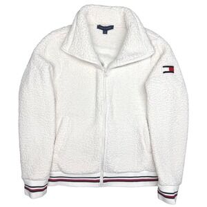 Tommy Hilfiger Sherpa Fleece Jacket Women's Small White Full Zip‎ Flag Logo